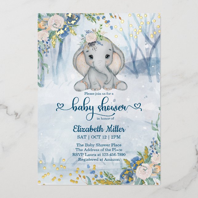Cute Elephant In The Winter Forest Baby Shower  (Front)