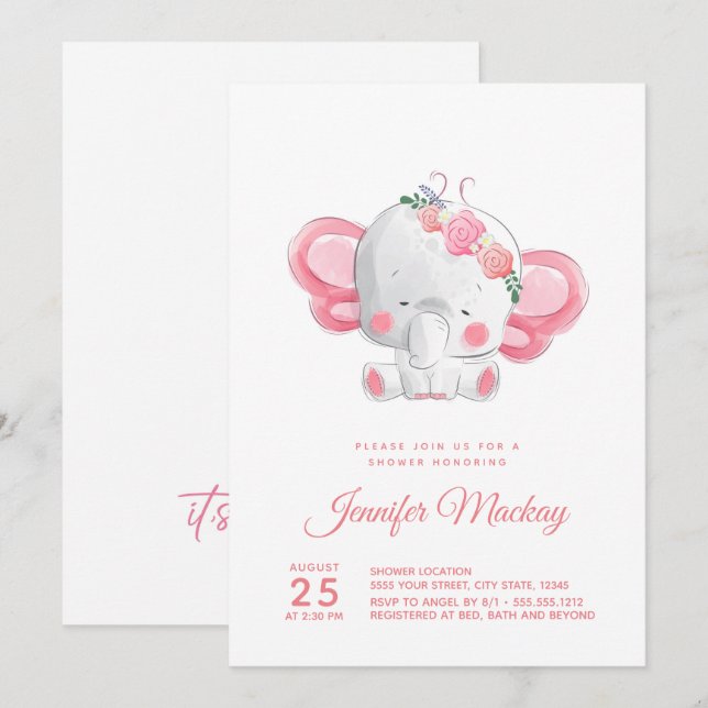 Cute Elephant, It's a Girl! Baby Shower Invitation (Front/Back)