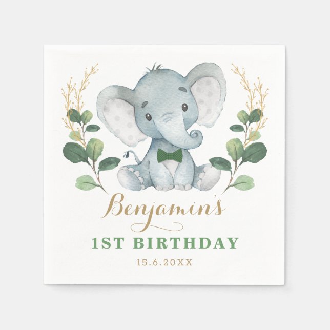 Cute Elephant Jungle Greenery 1st Birthday Napkin (Front)