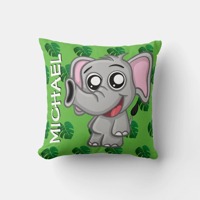 Cute Elephant Jungle Rainforest Green Name Cartoon Cushion (Front)
