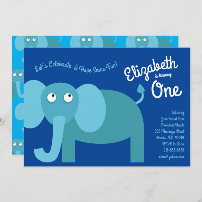 Cute Elephant Kids 1st Birthday Party Invitations (Front/Back)
