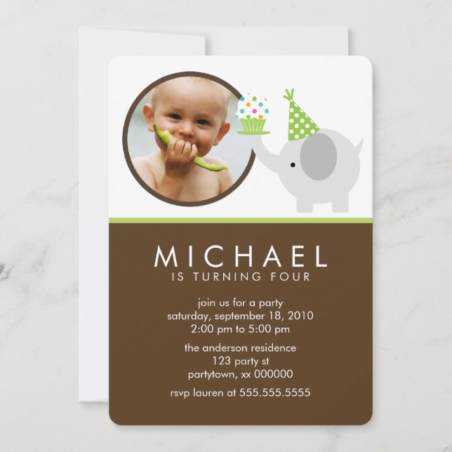 Cute Elephant Kids Photo Birthday Party Invitation (Front)