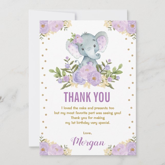 Cute Elephant Lavender Purple Gold Floral Thank You Card (Front)