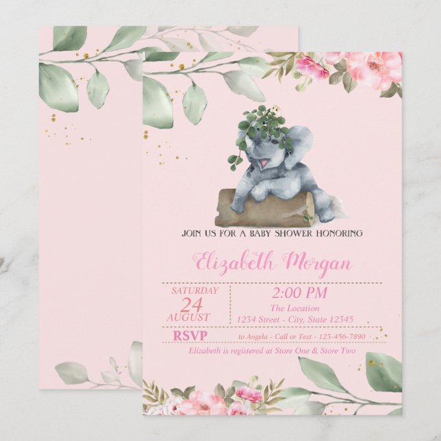 Cute Elephant, Leave, Floral Baby Shower Invitation (Front/Back)