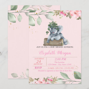 Cute Elephant, Leave, Floral Baby Shower Invitation
