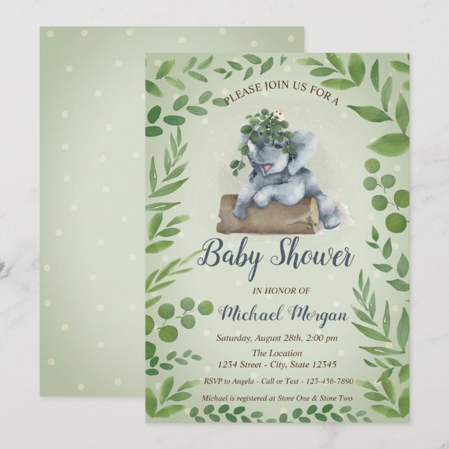 Cute Elephant Leaves, Dots Baby Shower Invitation (Front/Back)
