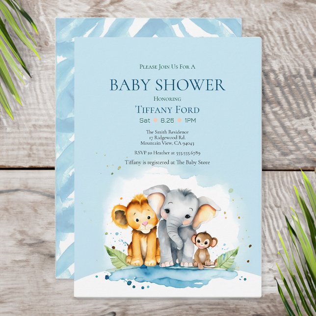 Cute Elephant, Lion, and Monkey Jungle Baby Shower Invitation (Creator Uploaded)