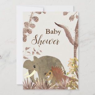 Cute Elephant, Lion & Floral Art Baby Shower Invitation