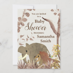 Cute Elephant, Lion & Floral Art Baby Shower Invitation