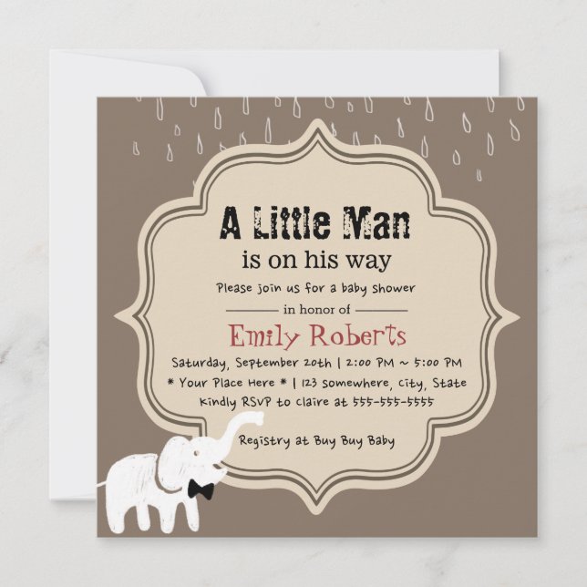 Cute Elephant Little Man Dark Tan Baby Shower Invitation (Front)