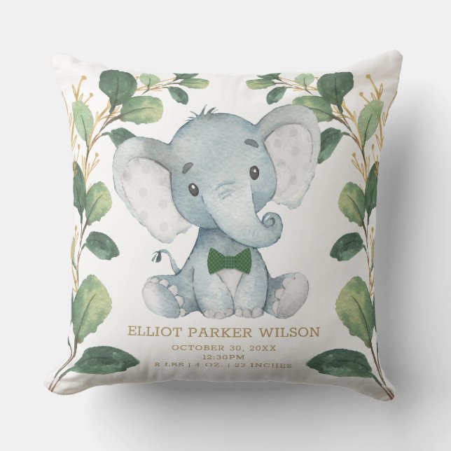 Cute Elephant Little Man Greenery Gold Birth Stats Cushion (Front)