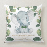 Cute Elephant Little Man Greenery Gold Birth Stats Cushion<br><div class="desc">This elegant design features illustration of an adorable baby elephant and modern watercolor greenery in soft green & gold. Use the template fields to add your details. If you want to change the font style,  colour or text placement,  simply click the "Customise Further" button.</div>