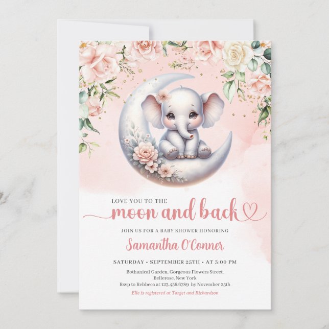Cute elephant love you to the moon and back girl invitation (Front)