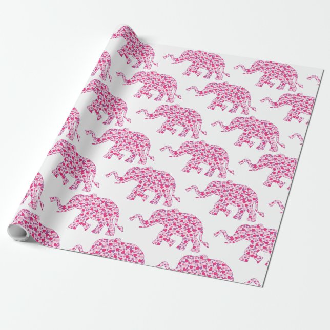 Cute Elephant made up of Little Pink Hearts Wrapping Paper (Unrolled)