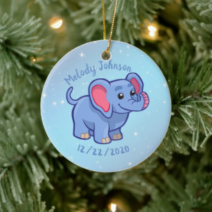 Cute Elephant Monogram Name & B Day Ceramic Tree Decoration