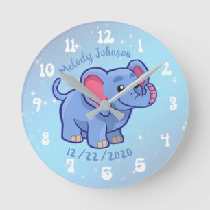 Cute Elephant Monogram Name & B Day Nursery & kids Round Clock