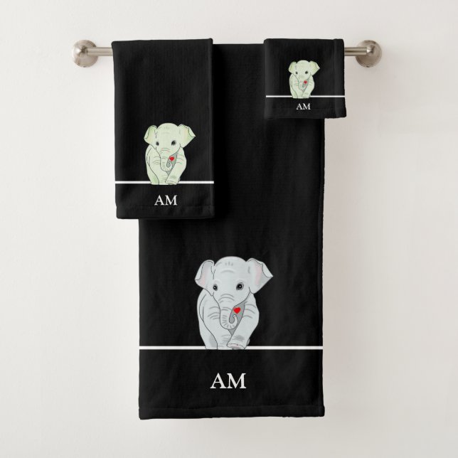 Cute Elephant & Monogram on Black Bath Towel Set (Insitu)
