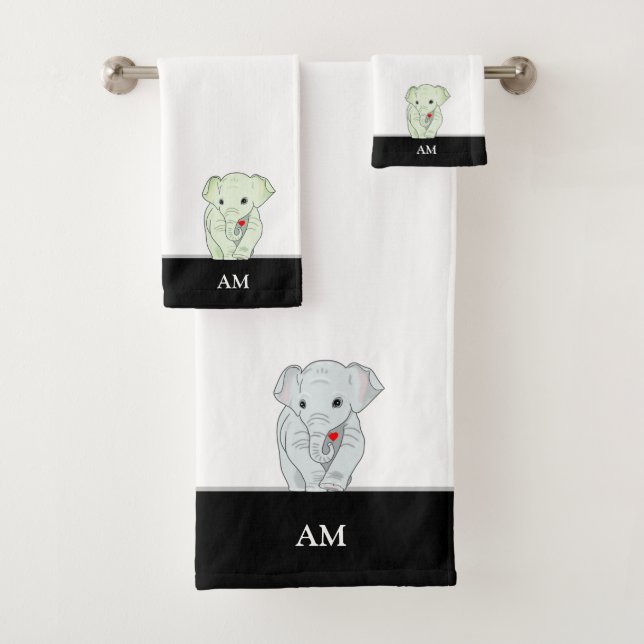 Cute Elephant & Monogram on Black & White Bath Towel Set (Insitu)