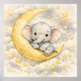 Cute Elephant Moon Nursery Art Poster