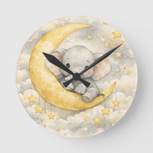 Cute Elephant Moon Nursery Art Round Clock