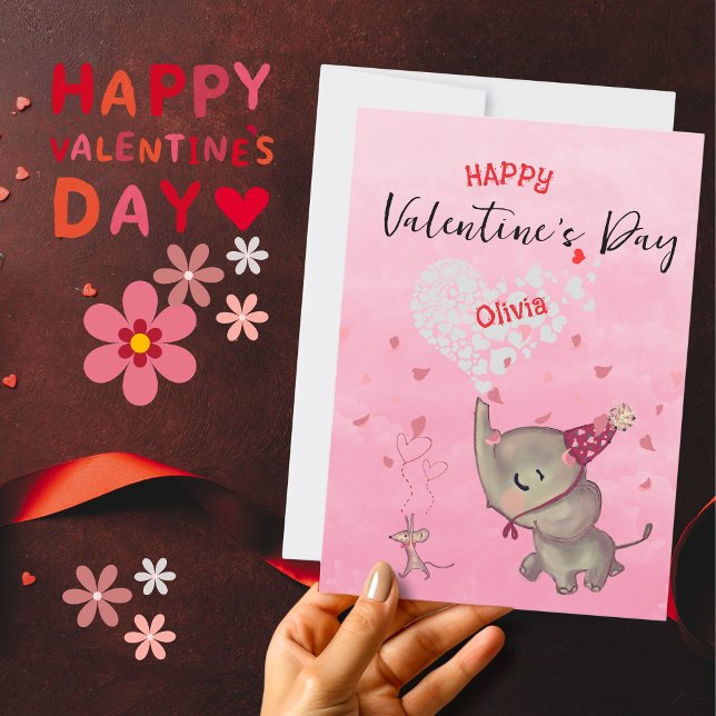 Cute Elephant Mouse Valentine Pink Holiday Card (Cute Elephant Mouse Valentine Pink Holiday Card )