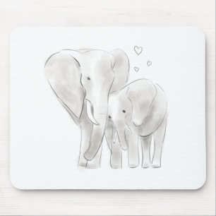 Cute elephant mum and baby sketch watercolour with mouse mat