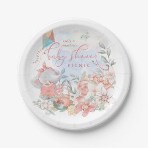 Cute Elephant Nature Florals Baby Shower Picnic Paper Plate