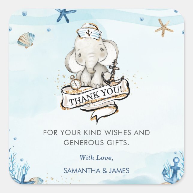 Cute Elephant Nautical Baby Shower Thank You Favou Square Sticker (Front)