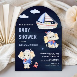 Cute Elephant Nautical Boat Navy Blue Baby Shower Invitation