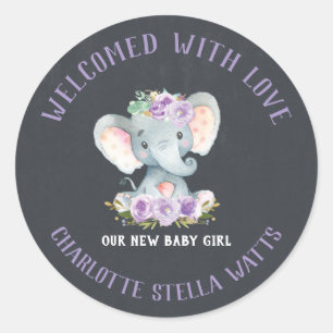 Cute Elephant New Baby Girl Announcement Favour Classic Round Sticker