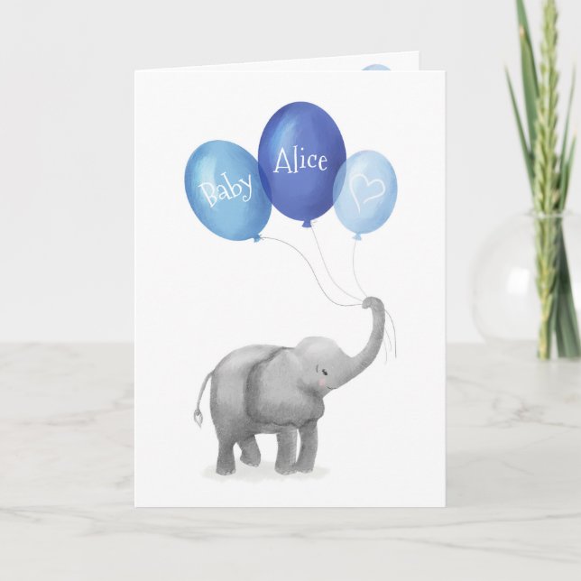 Cute elephant new baby personalised card (blue) (Front)