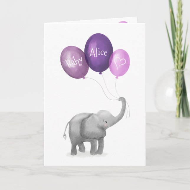 Cute elephant new baby personalised card (purple) (Front)