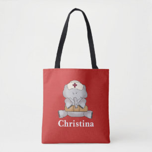 Cute elephant nurse add name tote bag