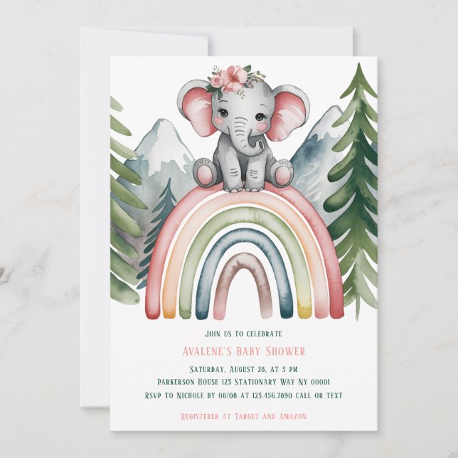 Cute Elephant on a Rainbow Baby Shower Invitation (Front)