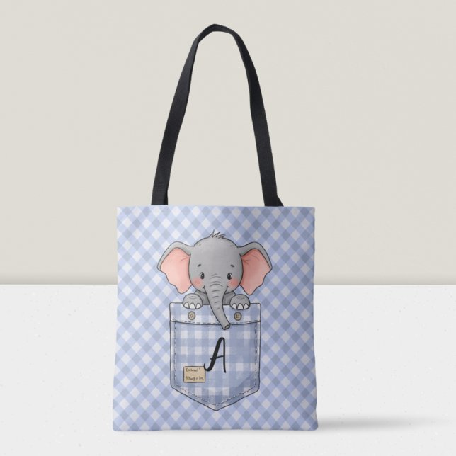 Cute Elephant Peeking from Gingham Pocket  Tote Bag (Creator Uploaded)