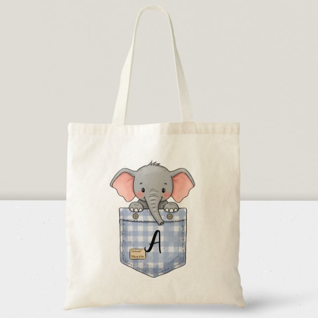 Cute Elephant Peeking from Pocket with initial Tote Bag (Creator Uploaded)