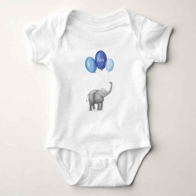 Cute elephant personalised baby bodysuit (blue) (Front)