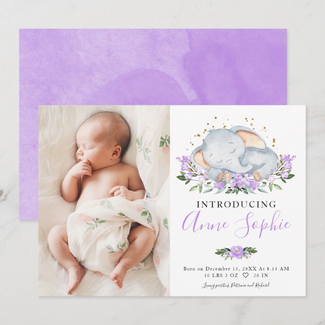 Cute Elephant Photo Birth Announcement Cards (Front/Back)
