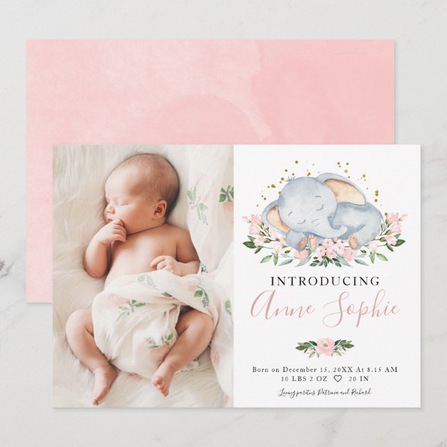 Cute Elephant Photo Birth Announcement Cards (Front/Back)