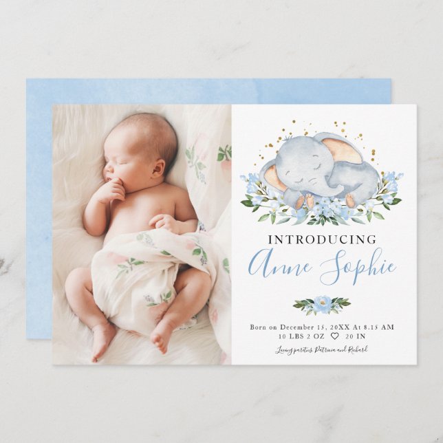 Cute Elephant Photo Birth Announcement Cards (Front/Back)