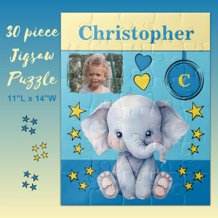 Cute elephant photo name blue yellow kids jigsaw puzzle