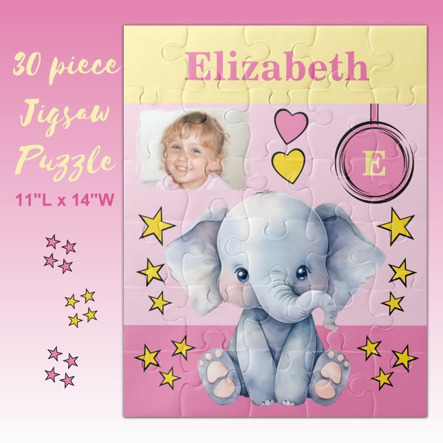 Cute elephant photo name pink yellow kids jigsaw puzzle (Creator Uploaded)