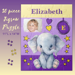 Cute elephant photo name purple yellow kids jigsaw puzzle