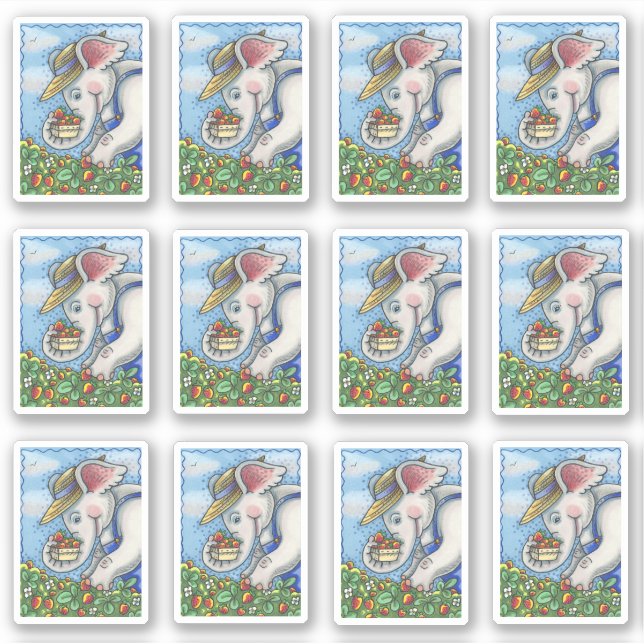 CUTE ELEPHANT PICKING STRAWBERRIES IN BIB OVERALLS (Front)