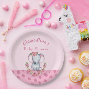 Cute Elephant Pink Animal Print Baby Shower Paper Plate