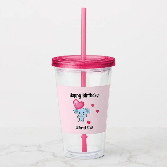 Cute elephant pink birthday acrylic tumbler (Front)