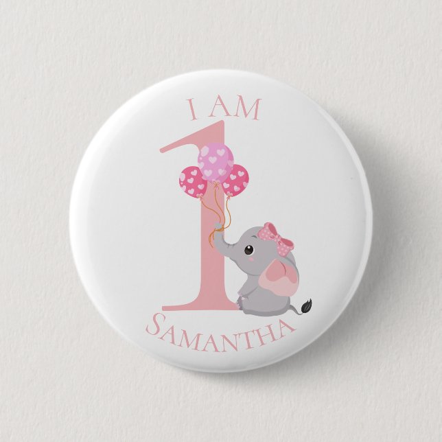 Cute Elephant Pink BIRTHDAY Button (Front)