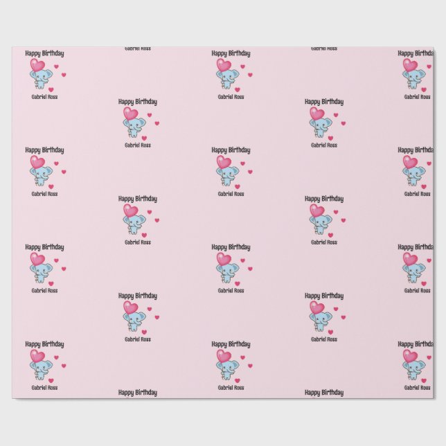Cute elephant pink birthday wrapping paper (Flat)