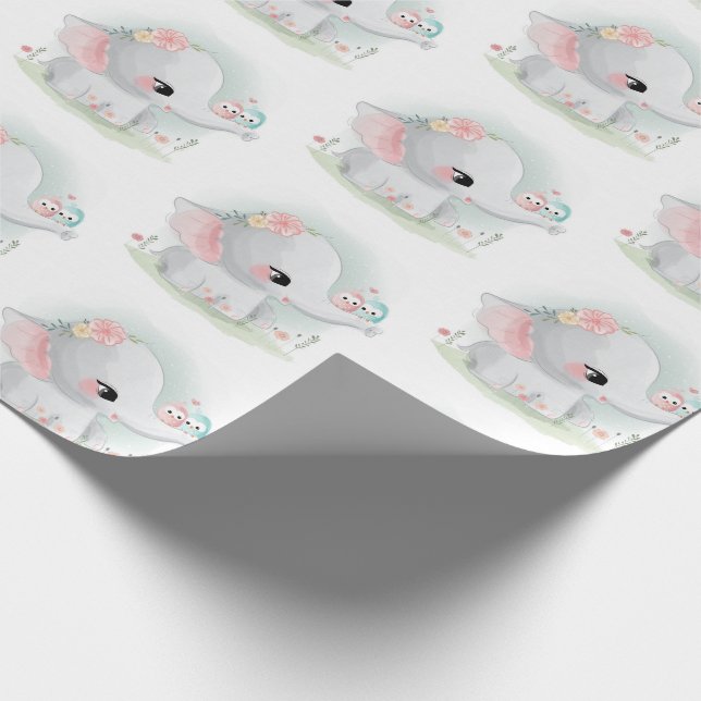 Cute Elephant Pink Blue Watercolor Wrapping Paper (Corner)
