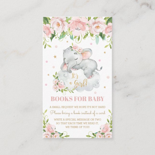 Cute Elephant Pink Blush Floral Books for Baby Enclosure Card (Front)
